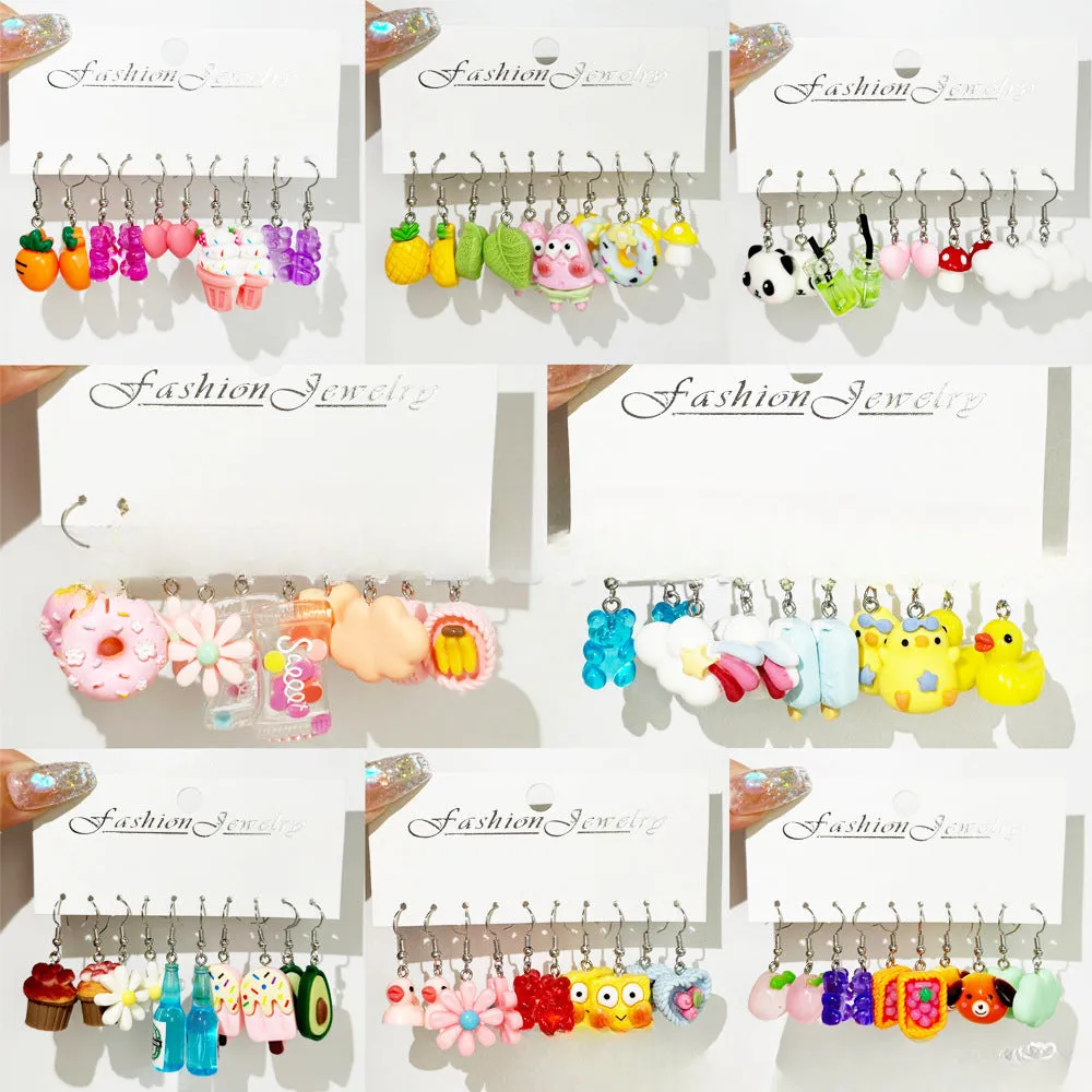 Wholesale 5pcs/pack Hot Sale Acrylic Bear, Little Fresh Cute Duck, Funny Food Play Earrings Set