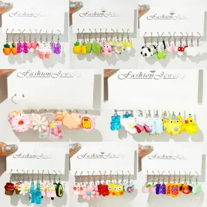 Wholesale 5pcs/pack Hot Sale Acrylic Bear, Little Fresh Cute Duck, Funny Food Play Earrings Set