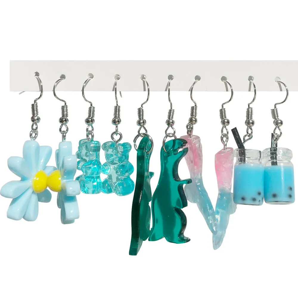 Wholesale 5pcs/pack Hot Sale Sweet Cool Cute Resin Funny Cartoon Flower Strawberry Mushroom Earrings Set