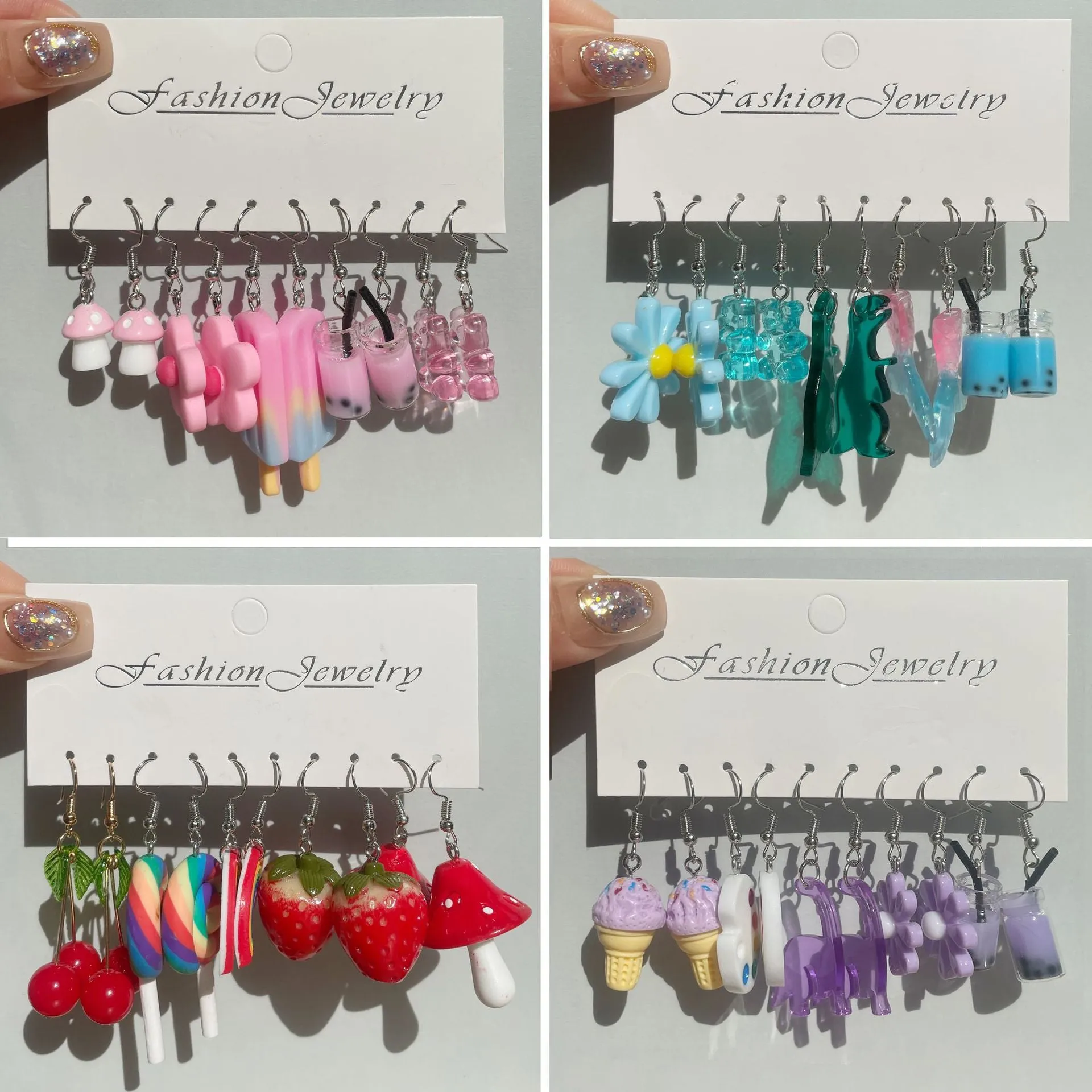 Wholesale 5pcs/pack Hot Sale Sweet Cool Cute Resin Funny Cartoon Flower Strawberry Mushroom Earrings Set