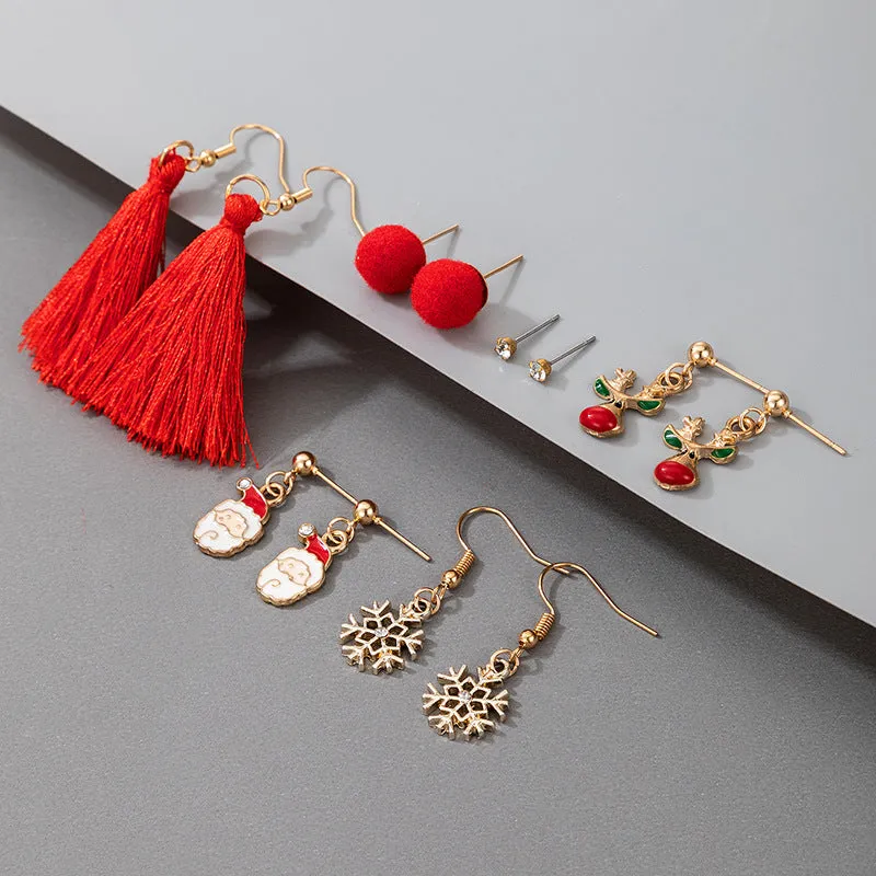 Wholesale 6pcs Autumn and Winter New Christmas Elk Santa Claus Snowflake Tassel Earrings Red 6 Pairs Set