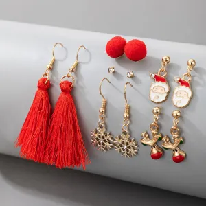 Wholesale 6pcs Autumn and Winter New Christmas Elk Santa Claus Snowflake Tassel Earrings Red 6 Pairs Set