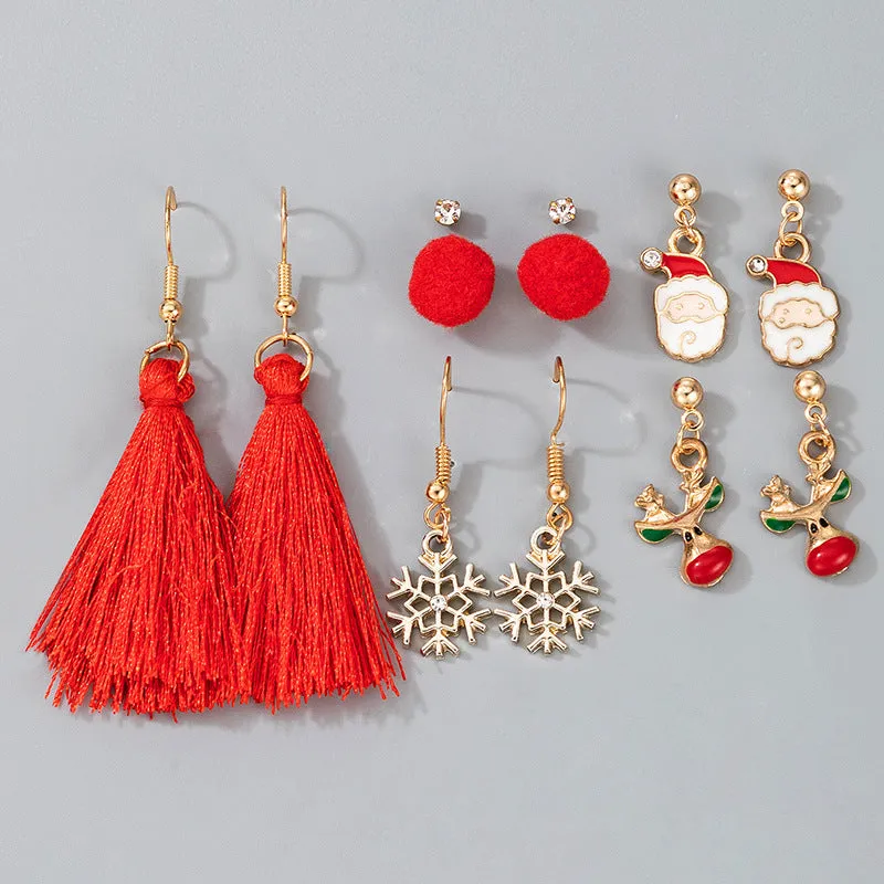 Wholesale 6pcs Autumn and Winter New Christmas Elk Santa Claus Snowflake Tassel Earrings Red 6 Pairs Set