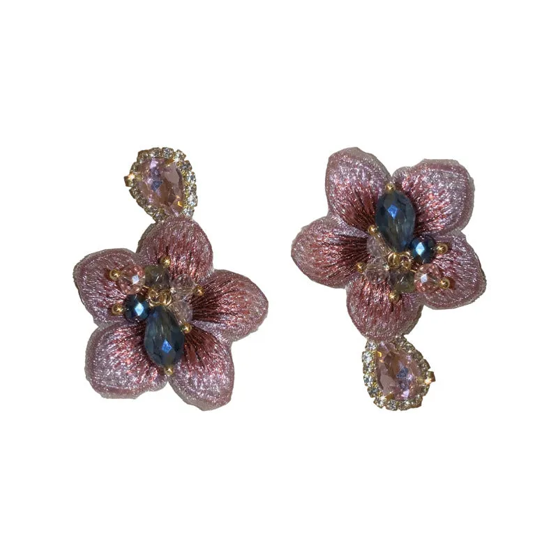 Wholesale 925 silver asymmetrical diamond-studded fabric flower earrings, fashionable and elegant earrings