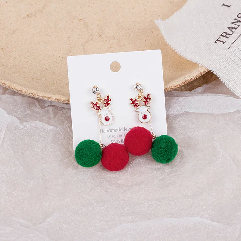 Wholesale 925 Silver Needle Christmas Asymmetric Old Man Gift Candy Snowman Elk Cane Earrings