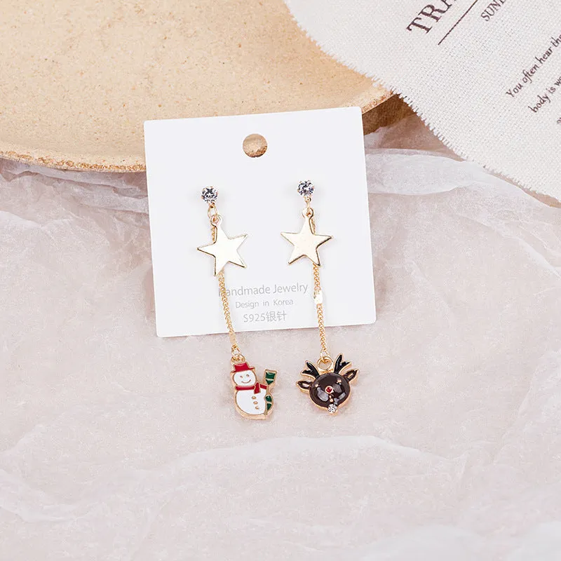 Wholesale 925 Silver Needle Christmas Asymmetric Old Man Gift Candy Snowman Elk Cane Earrings