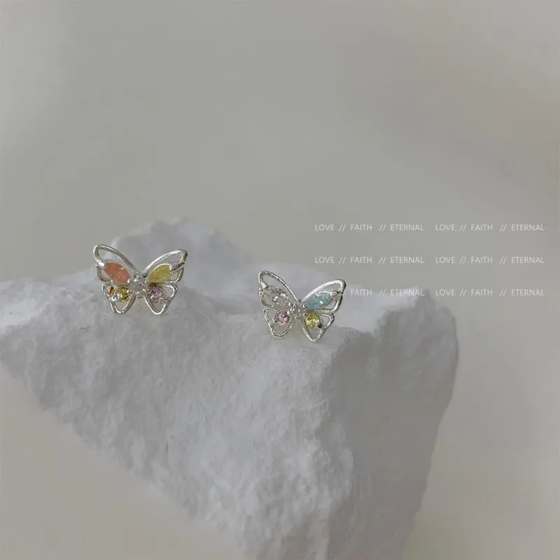 Wholesale 925 Silver Needle Micro Inlaid Zirconia Sweet Mini Pink Blue Small Butterfly Earrings