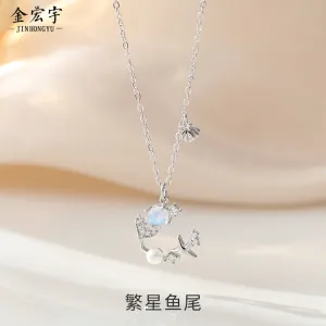 Wholesale 925 Sterling Silver Star Fishtail Moonstone Clavicle Necklace