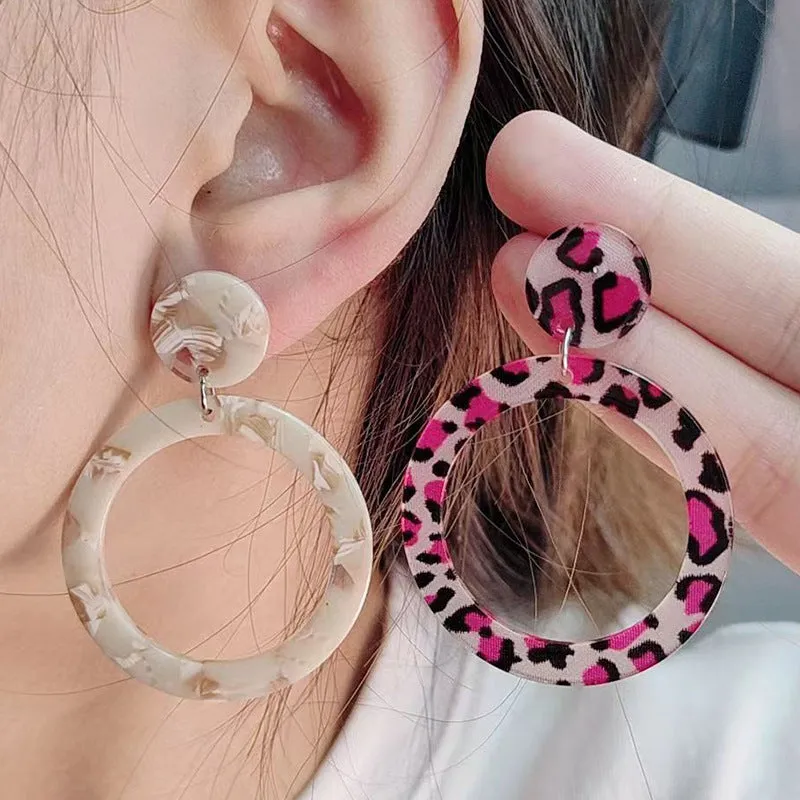 Wholesale Acetate plate colorful hollow round acrylic earrings retro leopard print earrings