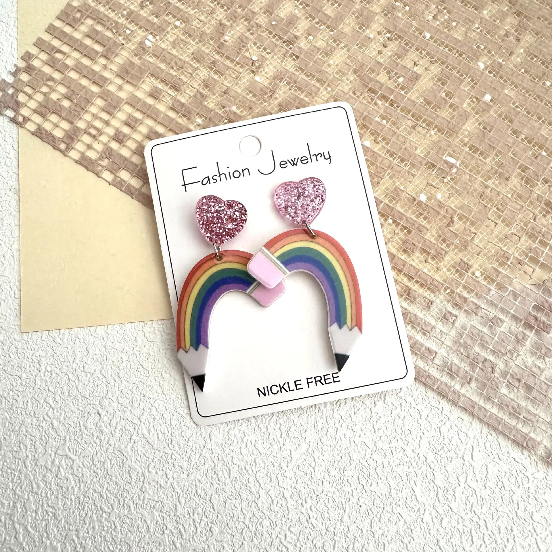 Wholesale Acrylic Heart Handmade Rainbow Heart Earrings
