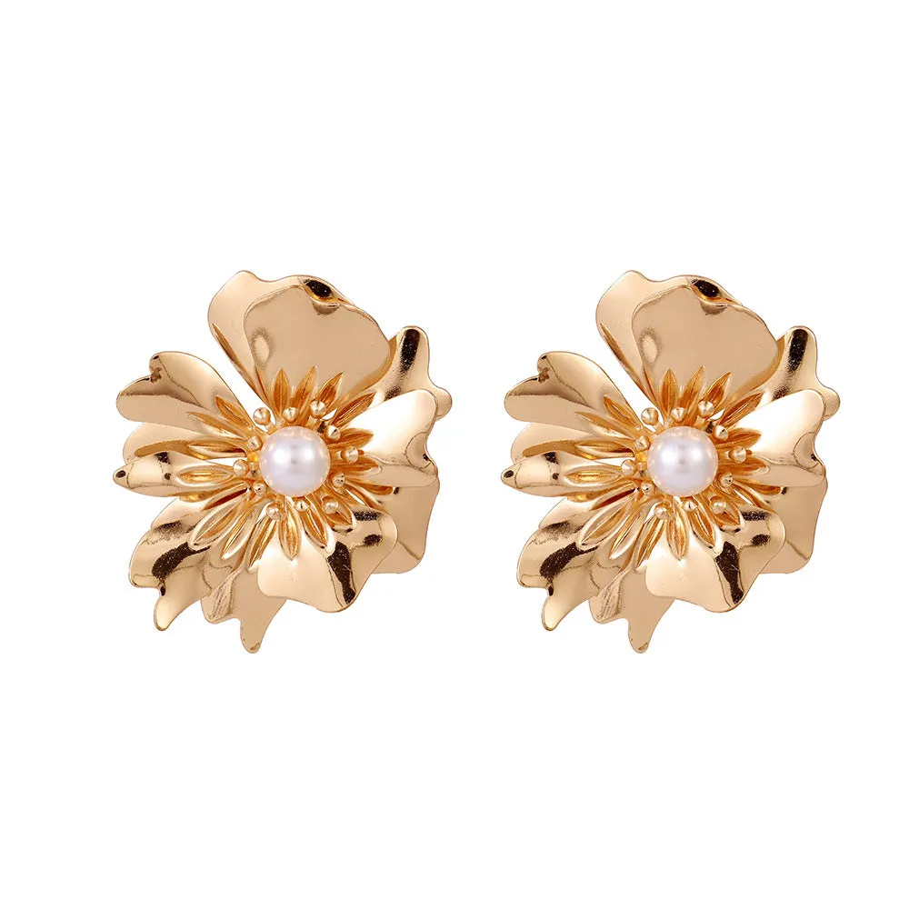 Wholesale All-match Metal Style Double-layer Flower Pearl Earrings