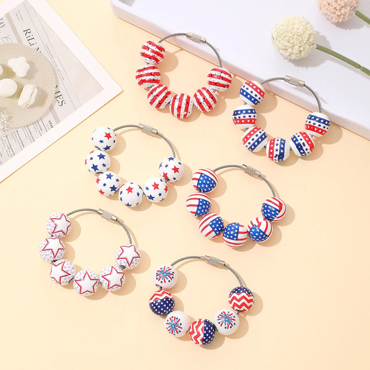 Wholesale American Independence Day Ball Series Wooden Beaded Keychain Decoration