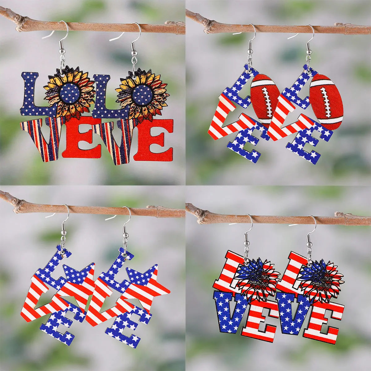 Wholesale American Independence Day Star Sunflower Wooden Double-Sided Earrings