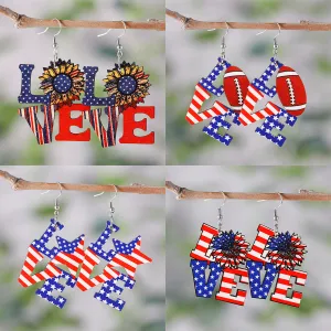 Wholesale American Independence Day Star Sunflower Wooden Double-Sided Earrings