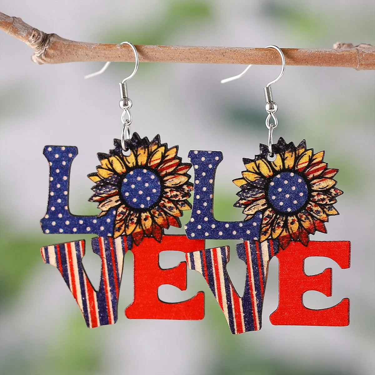 Wholesale American Independence Day Star Sunflower Wooden Double-Sided Earrings