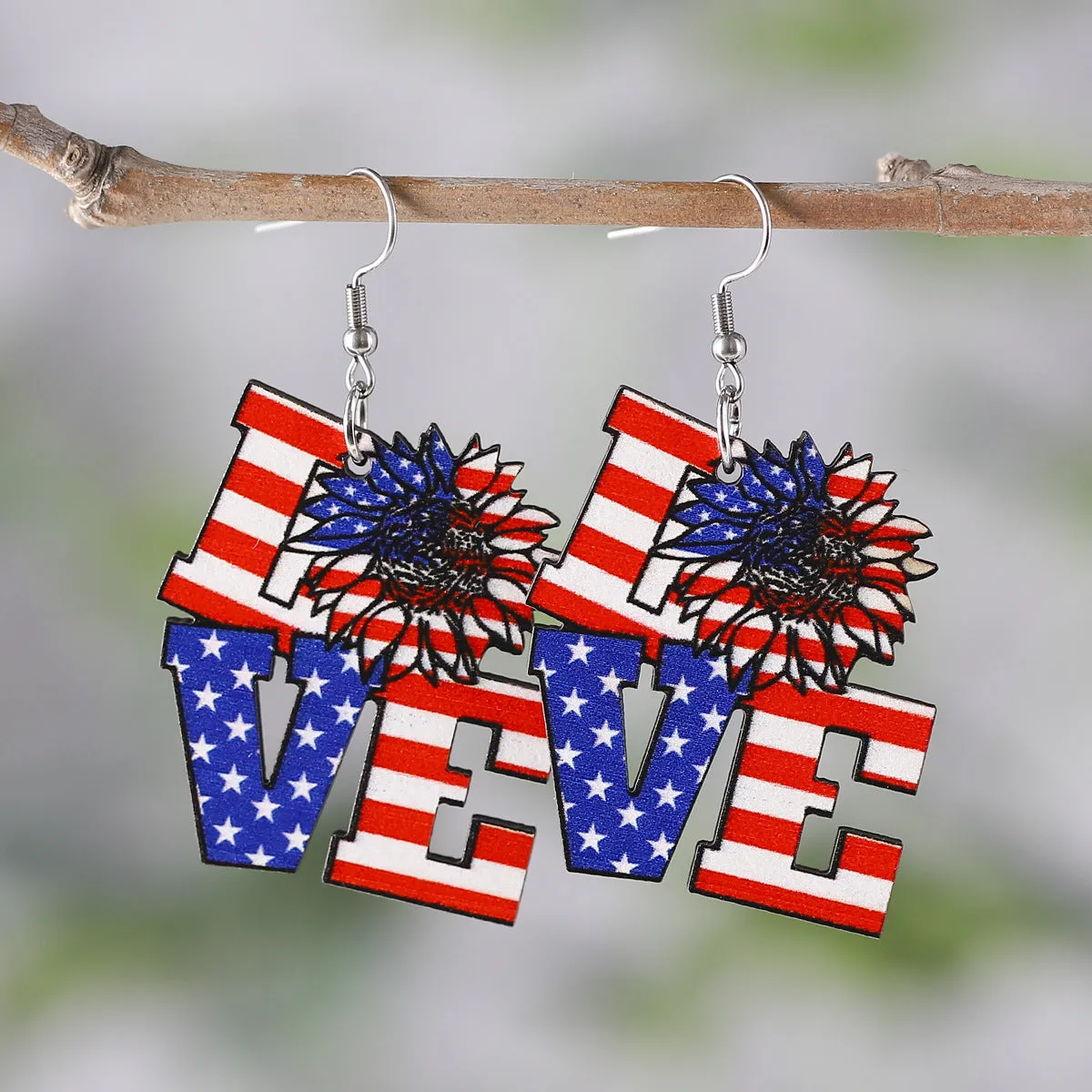 Wholesale American Independence Day Star Sunflower Wooden Double-Sided Earrings