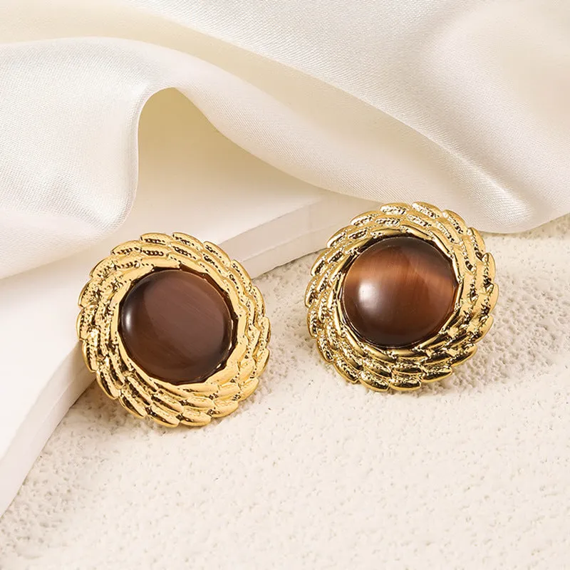 Wholesale Antique Multicolor Round Fried Dough Twists Plated 18k Gold Opal Stainless Steel Earrings