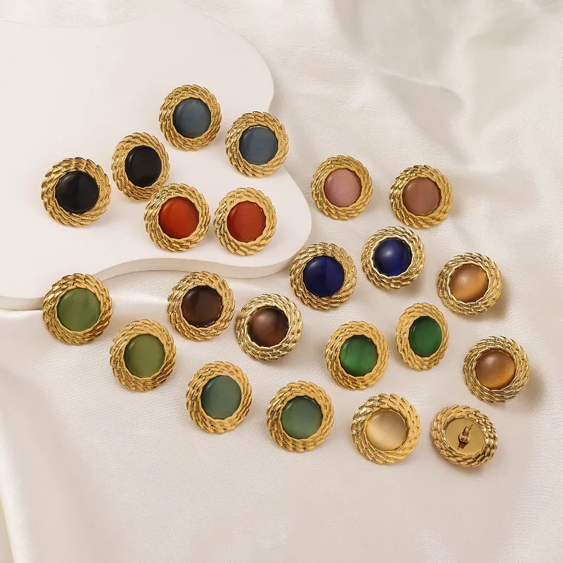 Wholesale Antique Multicolor Round Fried Dough Twists Plated 18k Gold Opal Stainless Steel Earrings