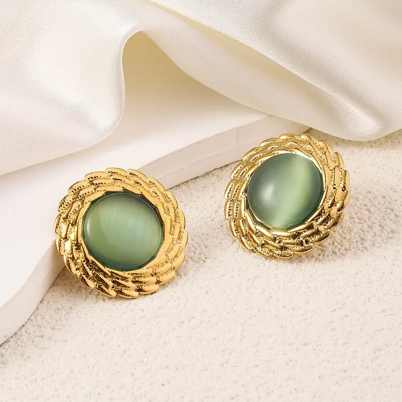 Wholesale Antique Multicolor Round Fried Dough Twists Plated 18k Gold Opal Stainless Steel Earrings