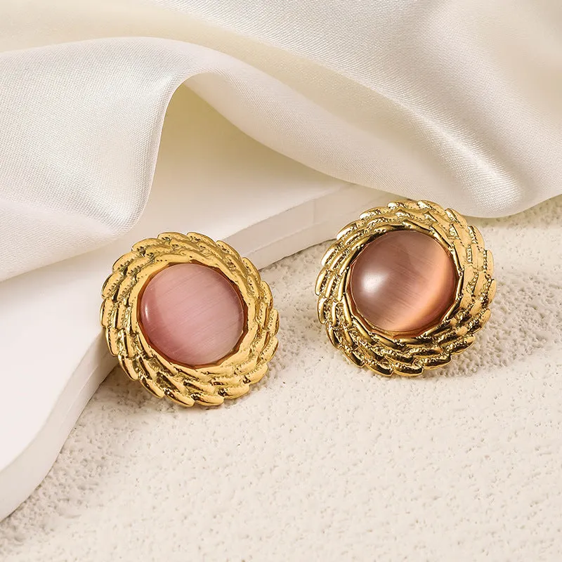 Wholesale Antique Multicolor Round Fried Dough Twists Plated 18k Gold Opal Stainless Steel Earrings