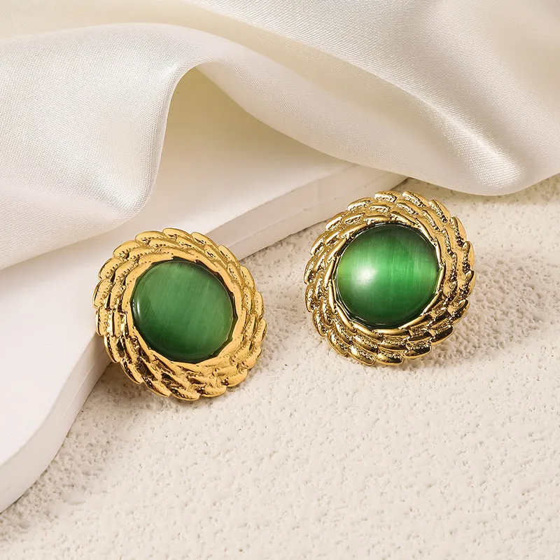 Wholesale Antique Multicolor Round Fried Dough Twists Plated 18k Gold Opal Stainless Steel Earrings