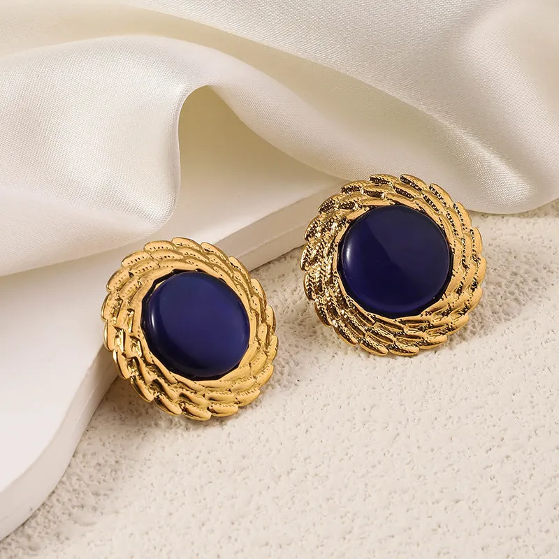 Wholesale Antique Multicolor Round Fried Dough Twists Plated 18k Gold Opal Stainless Steel Earrings