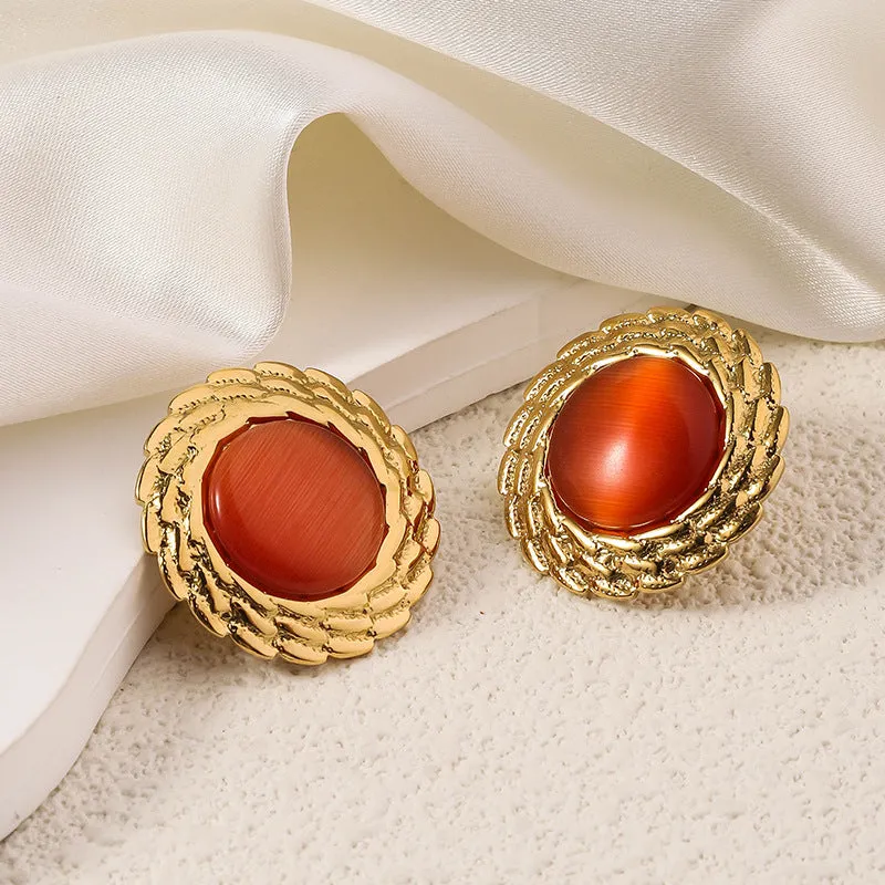 Wholesale Antique Multicolor Round Fried Dough Twists Plated 18k Gold Opal Stainless Steel Earrings