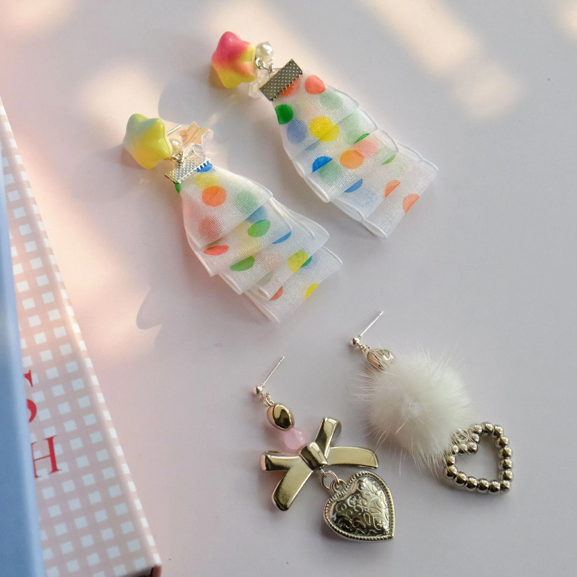 Wholesale Arrival Hand-made Color Wave Dot Ribbon Asymmetric Love Plush Autumn and Winter Earrings