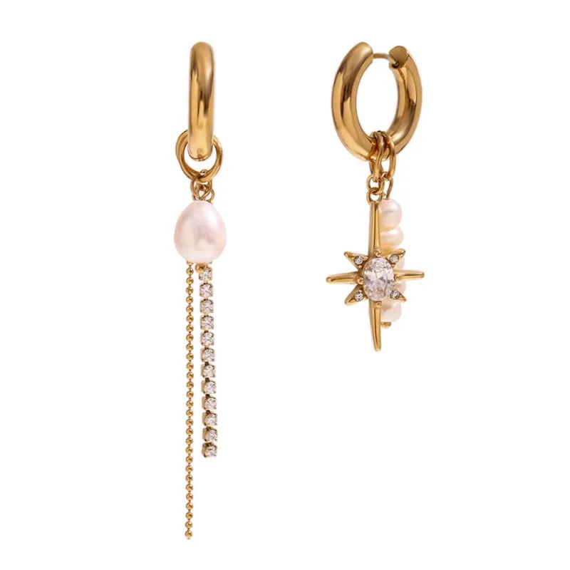 Wholesale Asymmetrical Freshwater Pearl Zircon Eight-pointed Star Chain Stainless Steel Temperament Personality Creative Earrings