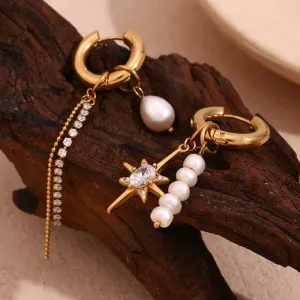 Wholesale Asymmetrical Freshwater Pearl Zircon Eight-pointed Star Chain Stainless Steel Temperament Personality Creative Earrings