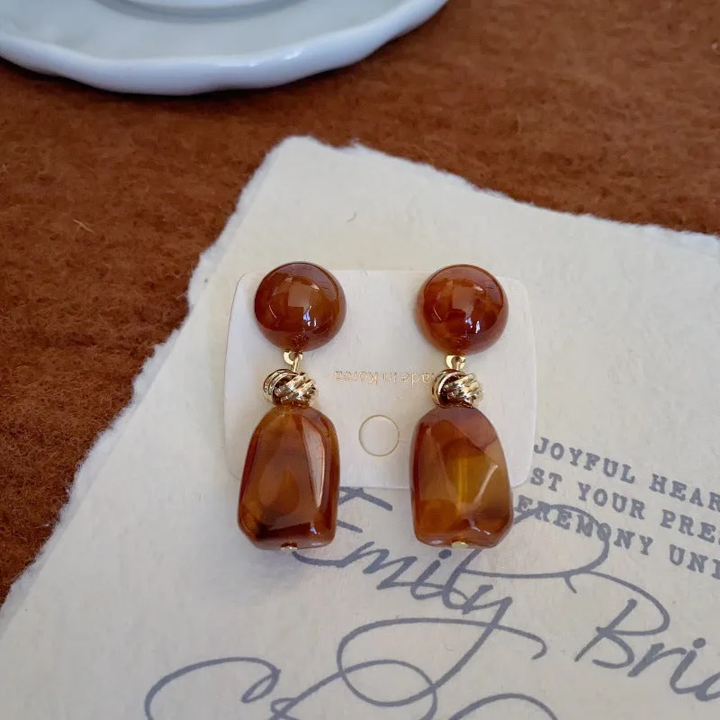 Wholesale Autumn Rich Retro Warm Coffee Color High-end Design Amber Brown Geometric Earrings