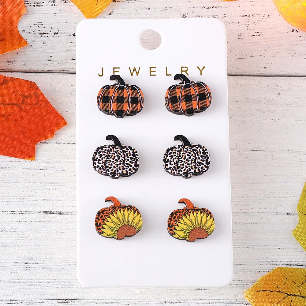 Wholesale Autumn Thanksgiving Leopard Plaid Star Pumpkin Wooden Earrings