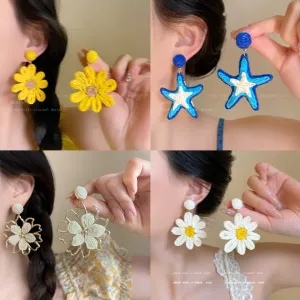 Wholesale Beach holiday style straw sunflower earrings