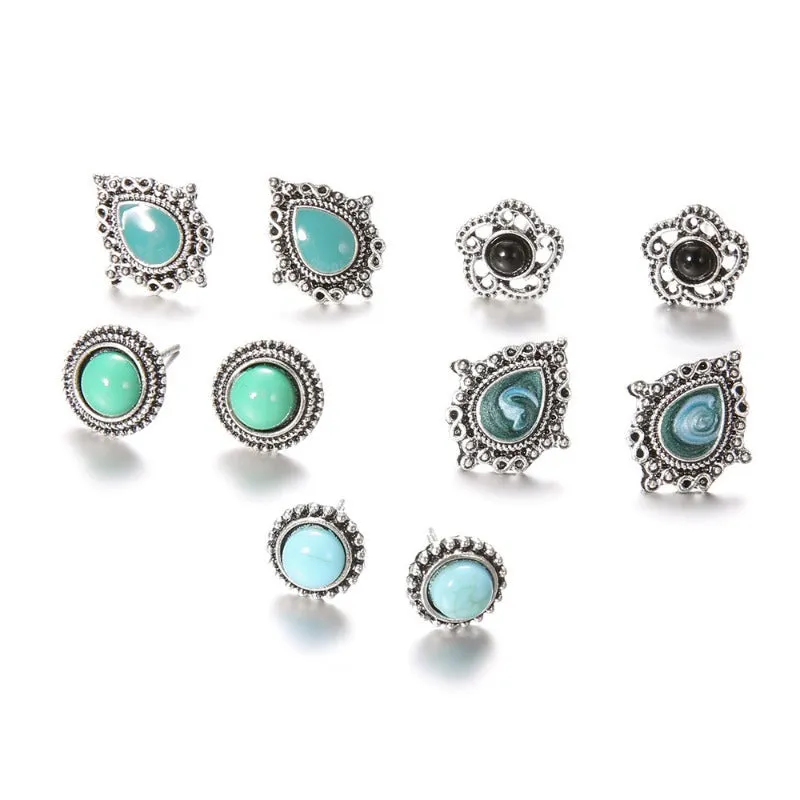 Wholesale Blue Dazzling Turquoise Gemstones Bohemian Style Stud Earrings