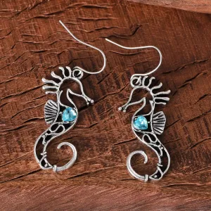 Wholesale Blue Gem Hollow Design Seahorse Fashion Creative Marine Life Earrings