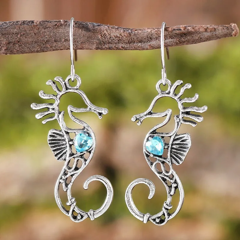 Wholesale Blue Gem Hollow Design Seahorse Fashion Creative Marine Life Earrings