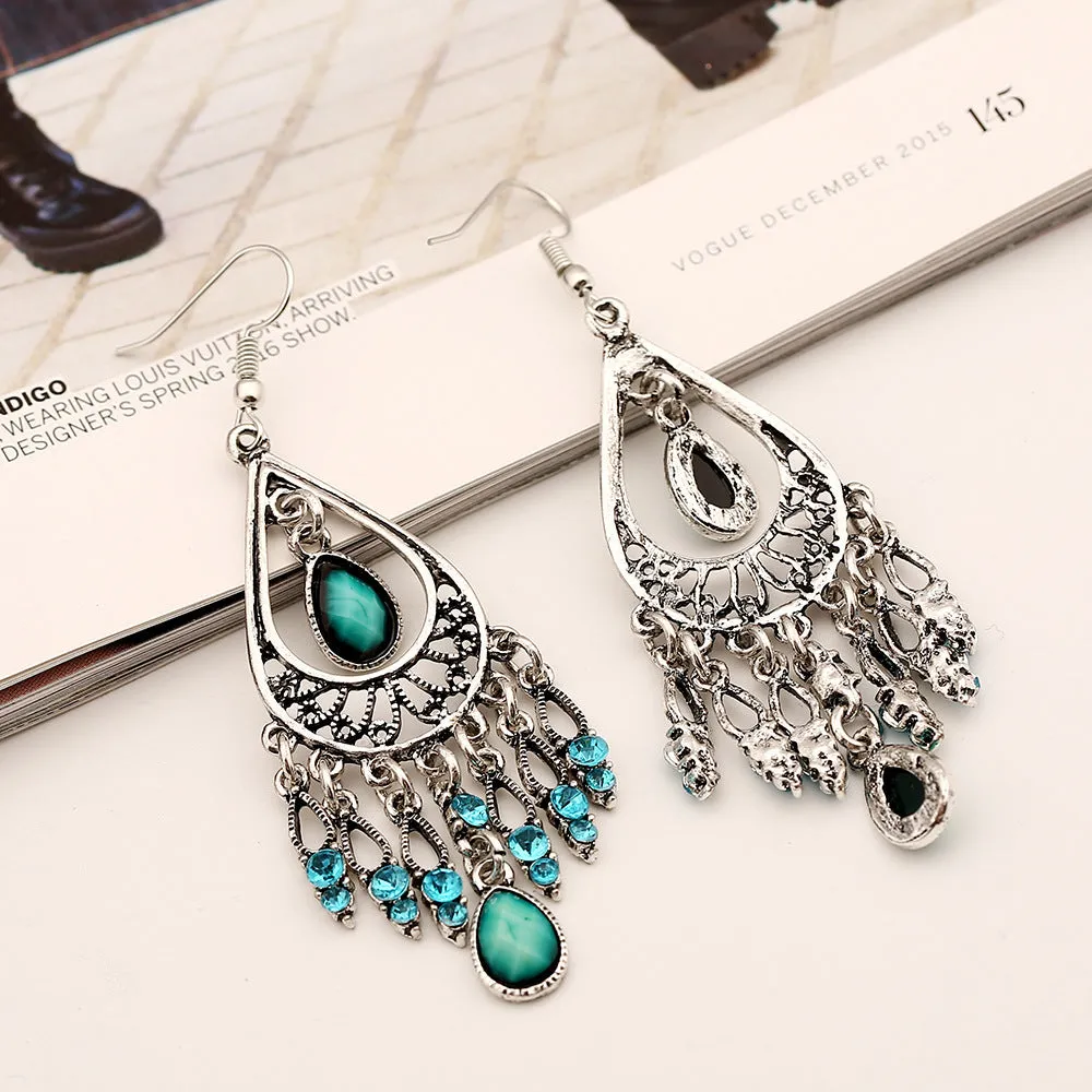 Wholesale Bohemian Alloy Diamond Hollow Water Drop Tassel Earrings