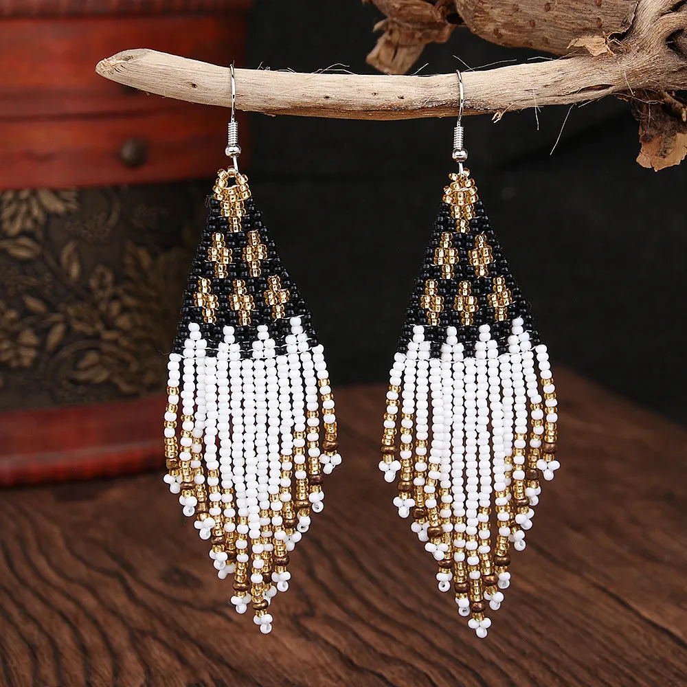 Wholesale Bohemian Beaded Braided Long Tassel Earrings