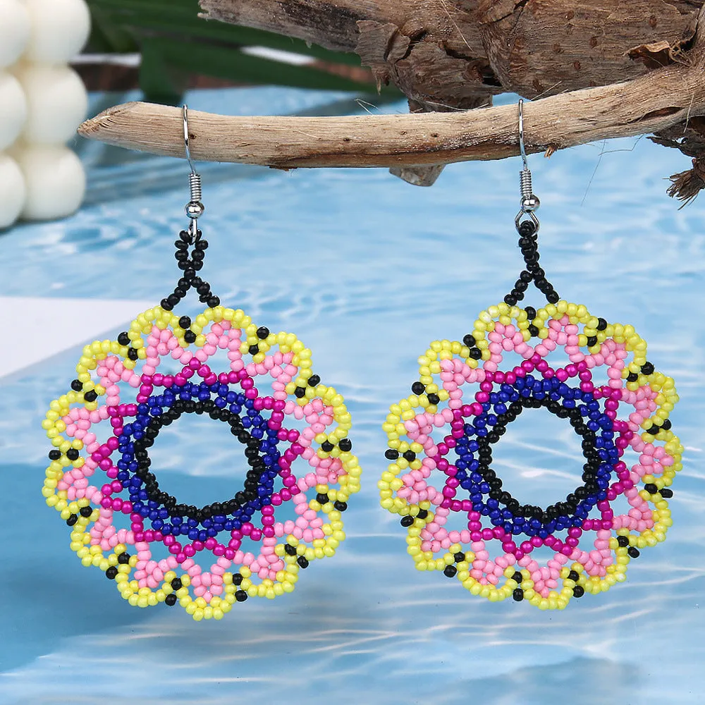 Wholesale Bohemian Exaggerated Flowers Hand-woven Round Earrings