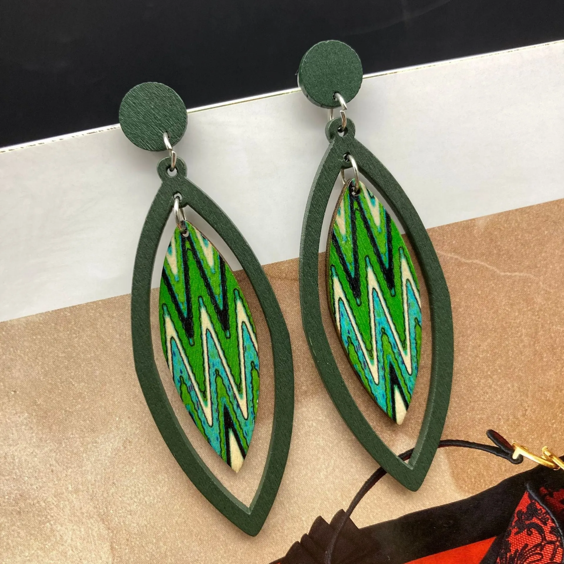 Wholesale Bohemian Exaggerated Wooden Leaves Geometric Retro Earrings