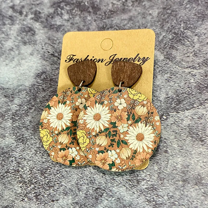Wholesale Bohemian Floral Patchwork Wooden Western Earrings