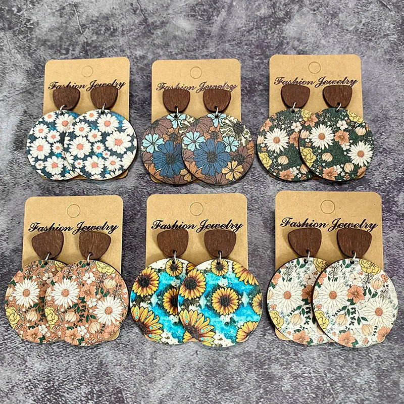 Wholesale Bohemian Floral Patchwork Wooden Western Earrings