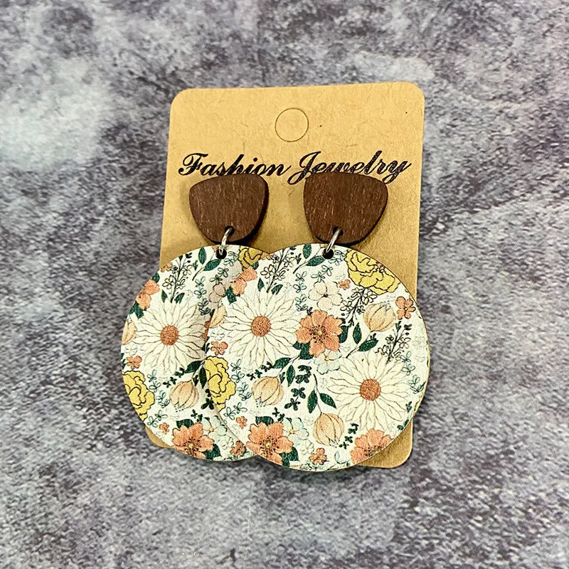 Wholesale Bohemian Floral Patchwork Wooden Western Earrings