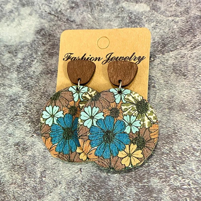 Wholesale Bohemian Floral Patchwork Wooden Western Earrings