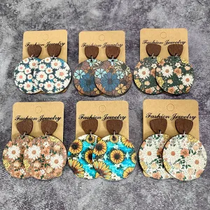 Wholesale Bohemian Floral Patchwork Wooden Western Earrings