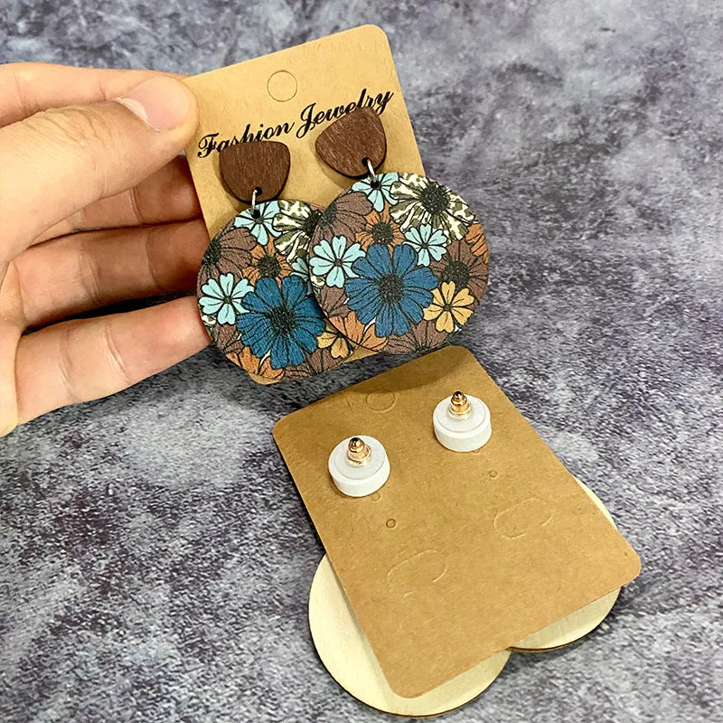 Wholesale Bohemian Floral Patchwork Wooden Western Earrings