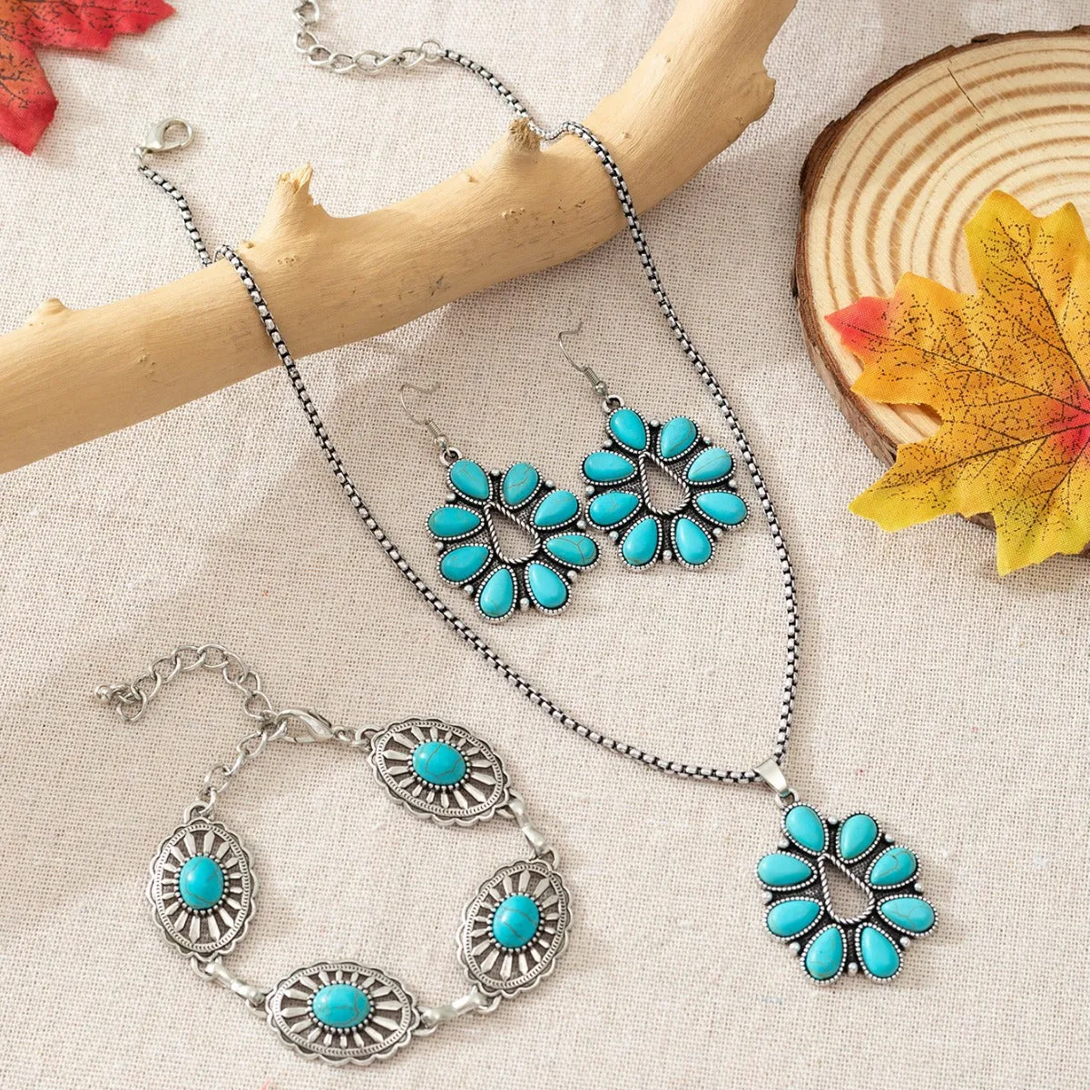Wholesale Bohemian Retro Fashion Turquoise Drop Necklace Earrings Bracelet