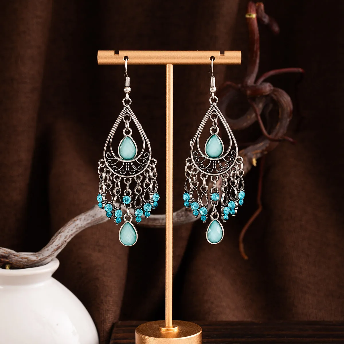 Wholesale Bohemian Retro Long Peacock Feather Diamond Tassel Earrings