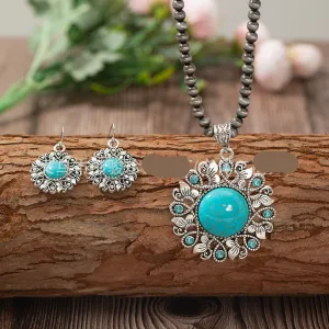 Wholesale Bohemian round diamond and turquoise alloy necklace earrings