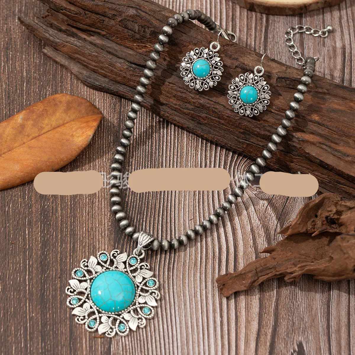 Wholesale Bohemian round diamond and turquoise alloy necklace earrings